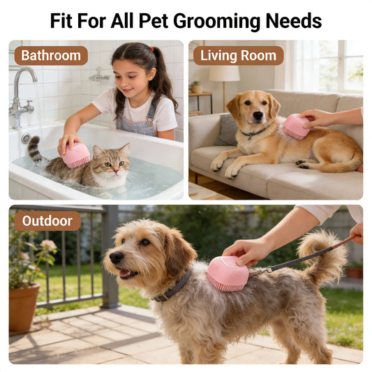 Pet Massage Brush Shampoo Dispenser, Soft Silicone Brush, Rubber Bristle for Dogs and Cats, Shower Grooming Tool