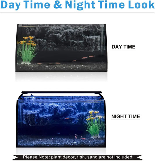 8 Gallon LED Glass Aquarium Kit with 7W Filter, 18W Colored Light, Curved Tank and 3D Rockery Background for Beginners