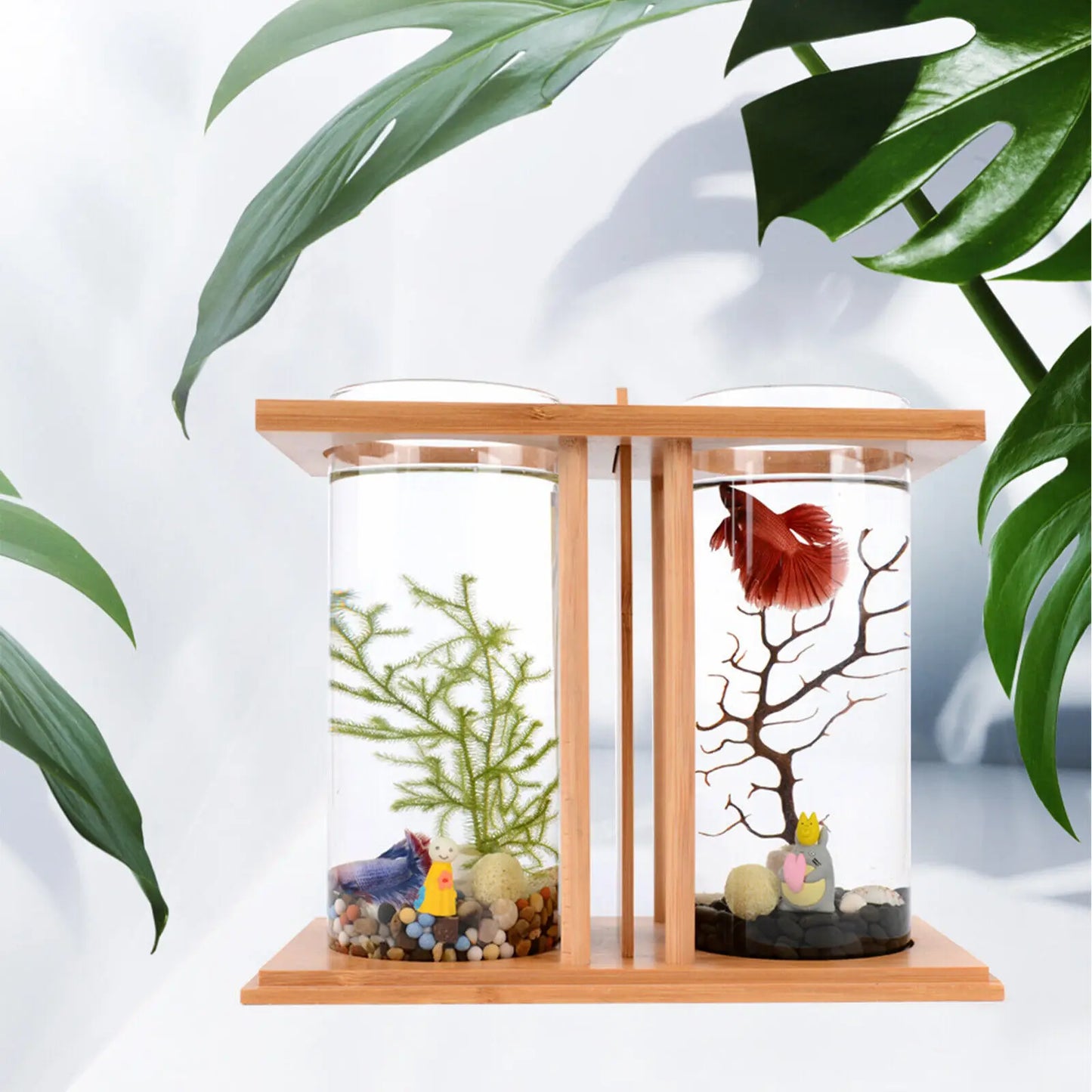 Glass Betta Fish Tank with LED Light, Bamboo Base, Mini Aquarium Set for Desktop Home Office Decoration, 2 Tanks