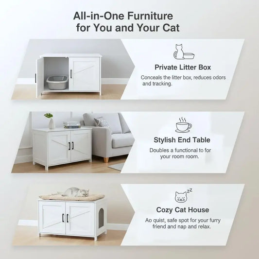 Cat Litter Box Enclosure, Wooden Washroom, Furniture with Barn Door