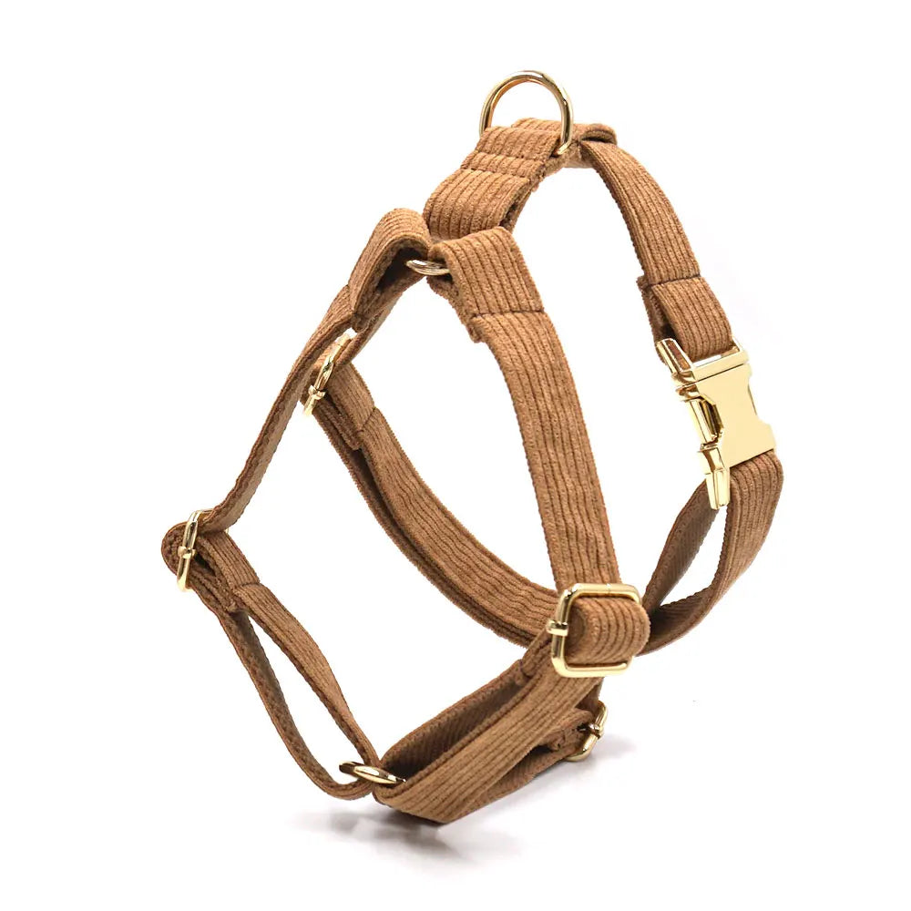 Brown Corduroy Dog Harness and Leash Set Luxury Designer Personalized Collar for Small Large Dogs Walking Lead Set with Poop Bag