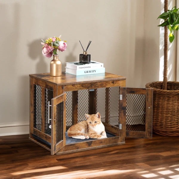 Rustic Brown Dog Crate w/Tray, Modern Puppy Kennel. Doubles as End Table, Nightstand. Decorative & Practical.