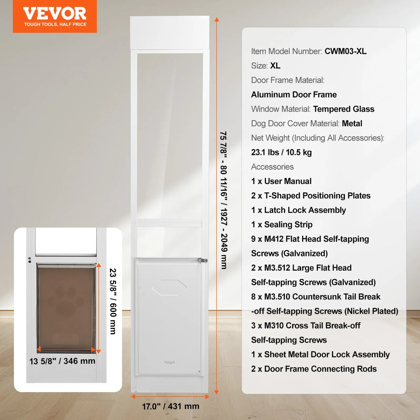 Dog Sliding Glass Door, Adjustable Height, Aluminum Frame, ,Tempered Glass Door