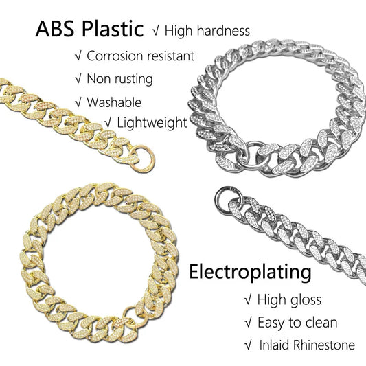 Plastic Dog Collar Chain, Diamond Inlay Sparkle Bulldog Necklace, Cat Collars, Pet Accessories, Small, Medium, Large Dogs, Golden
