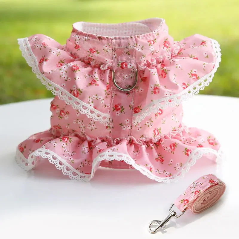Dog Harness Leash Set, Adjustable Lace, Floral Printed Pet Harness, Vest, Cute Dog Clothes, Puppy Mesh Harness, Dog Accessories