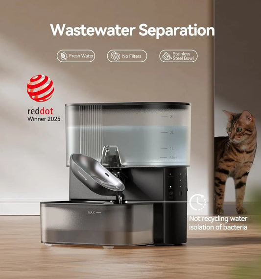 Cordless Pet Water Fountain with Wastewater Separation, No Filters Needed, Stainless Steel Bowl for Cats and Dogs