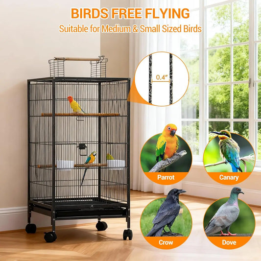 Large Bird Cage, Play Open Top Budgie Cage with Rolling Stand, Slide-Out Tray, Water Bottle Feeder