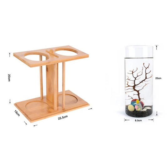 Glass Betta Fish Tank with LED Light, Bamboo Base, Mini Aquarium Set for Desktop Home Office Decoration, 2 Tanks