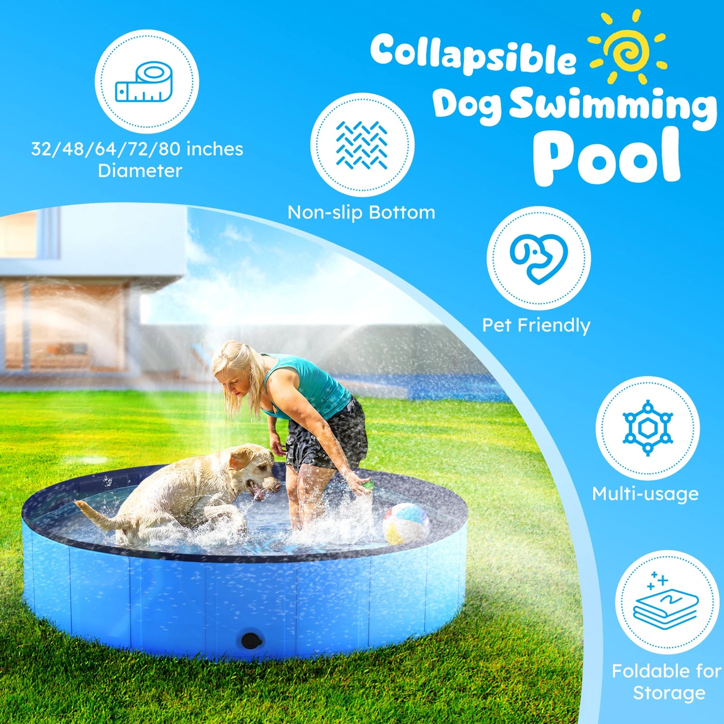 Portable Dog Pool, Foldable Pet Swimming Tub, Anti-Slip Collapsible, Hard Plastic Bath Pool