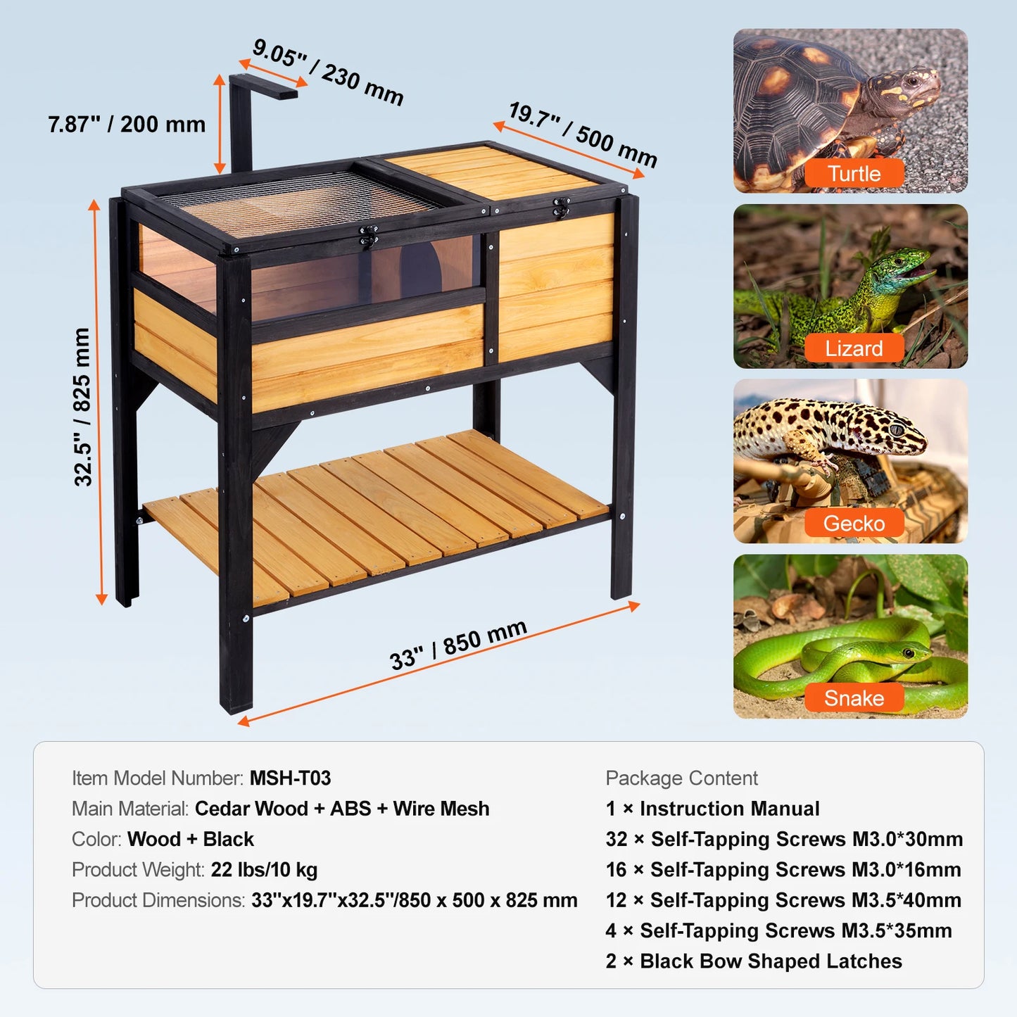 Tortoise Habitat, Wooden House with Adjustable Lamp Holder, Reptile Enclosure, Small Animal Cage for Gecko Lizard
