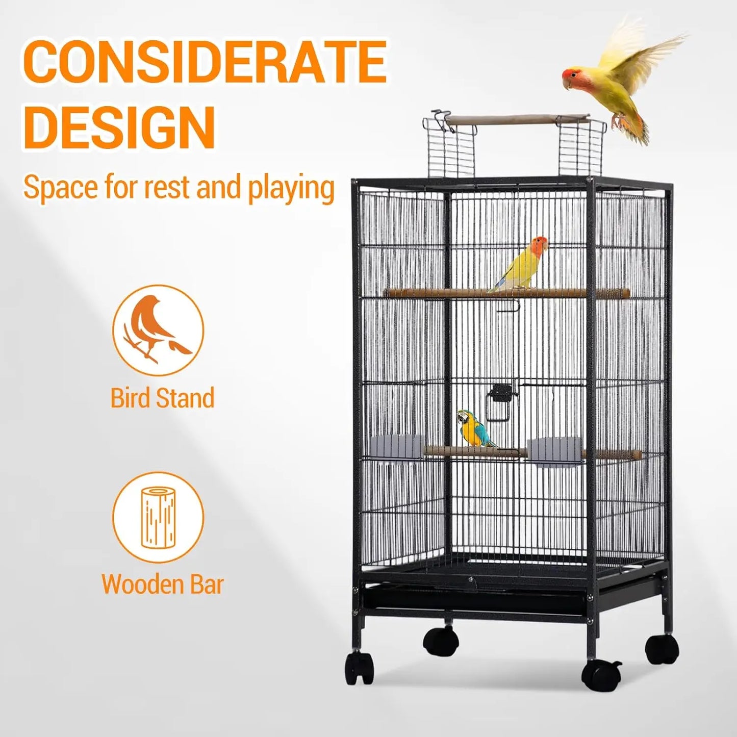 Large Bird Cage, Play Open Top Budgie Cage with Rolling Stand, Slide-Out Tray, Water Bottle Feeder