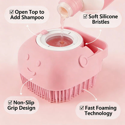 Pet Massage Brush Shampoo Dispenser, Soft Silicone Brush, Rubber Bristle for Dogs and Cats, Shower Grooming Tool