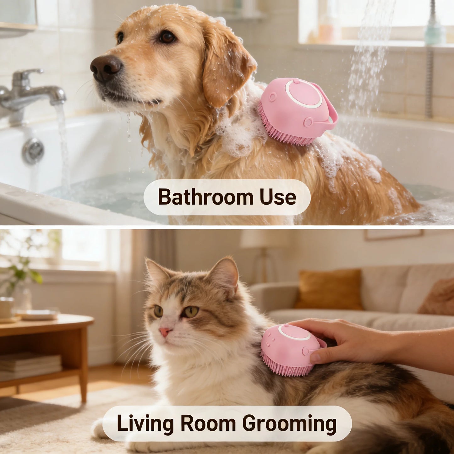 Pet Massage Brush Shampoo Dispenser, Soft Silicone Brush, Rubber Bristle for Dogs and Cats, Shower Grooming Tool