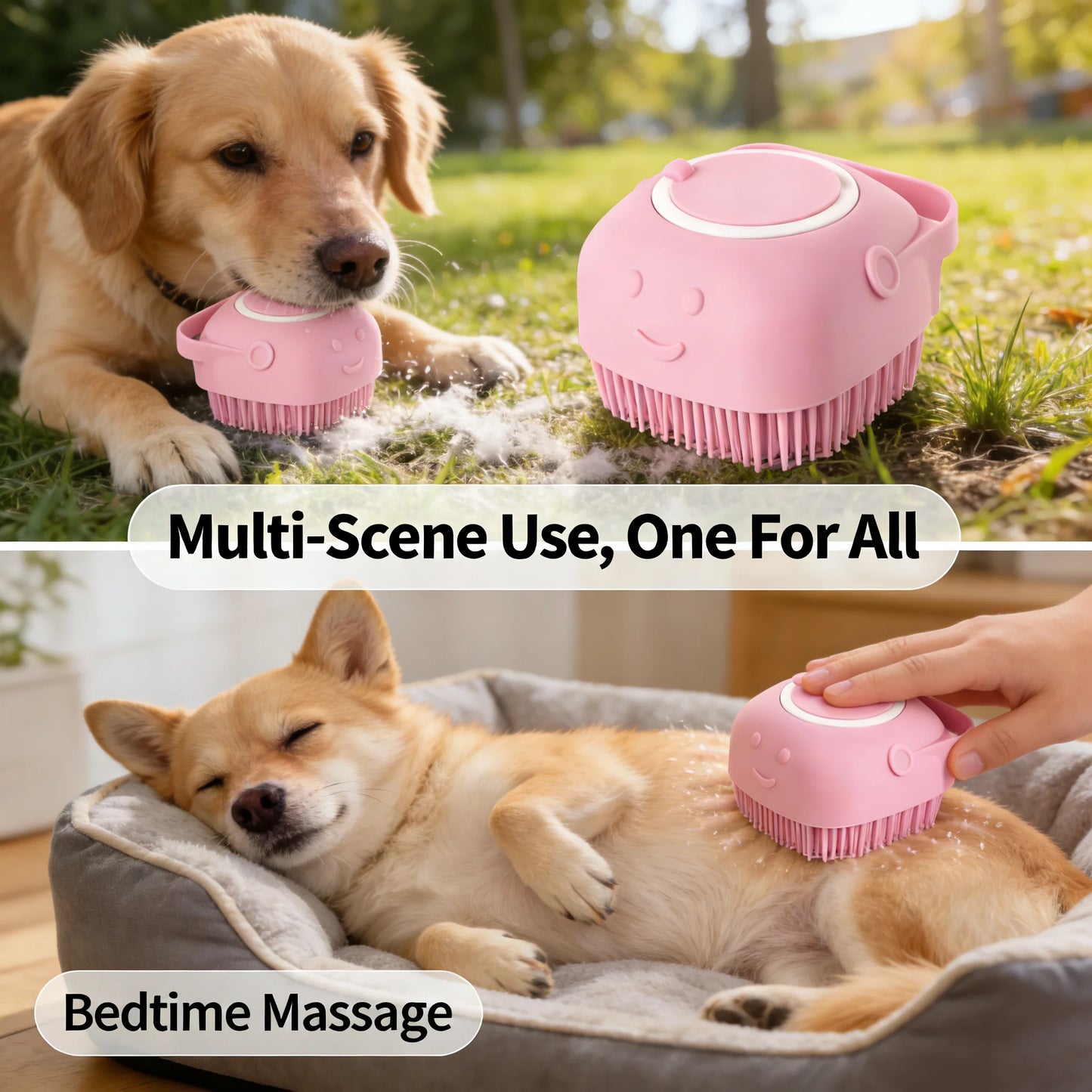 Pet Massage Brush Shampoo Dispenser, Soft Silicone Brush, Rubber Bristle for Dogs and Cats, Shower Grooming Tool