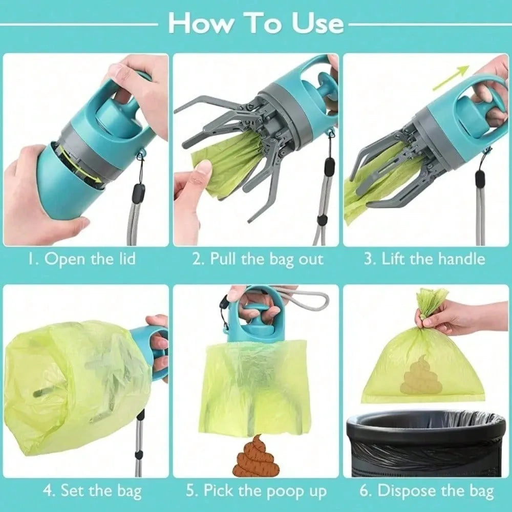 Portable Dog Pooper Scooper, No Touch Claw Pickup Tool with Waste Bag Holder, Easy One-Hand