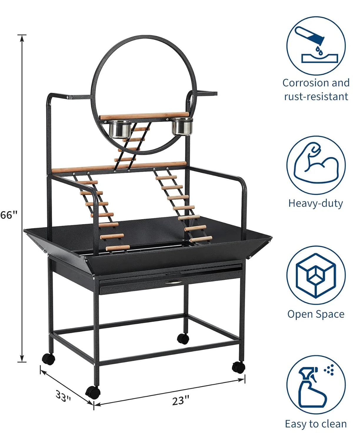 66" Extra Tall Bird Play Stand With Lockable Wheels, Heavy-Duty Metal Activity Center For Parrots , Conures  and Cockatiels