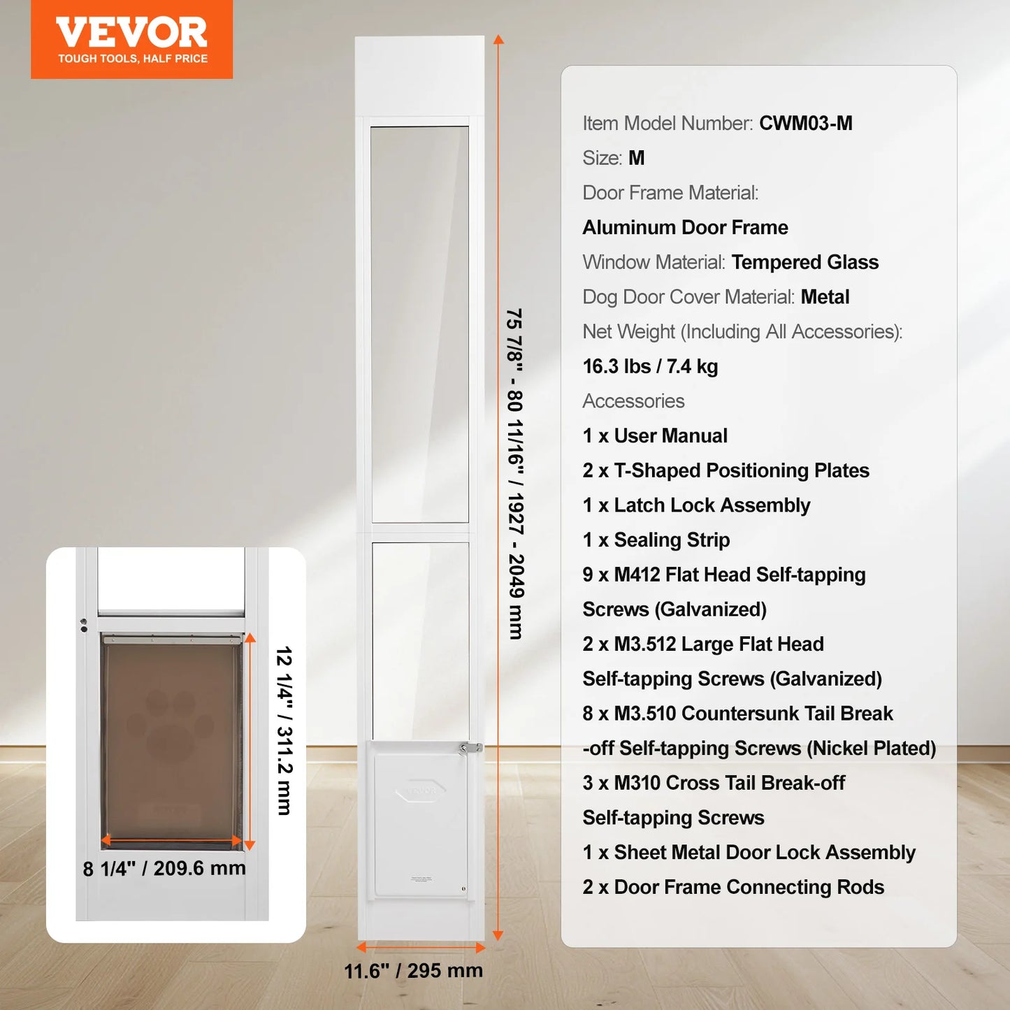 Dog Sliding Glass Door, Adjustable Height, Aluminum Frame, ,Tempered Glass Door