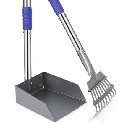 Dog Pooper Scooper, Dog Poop Tray and Rake Set,  with Long Adjustable Sectional Stainless Handles