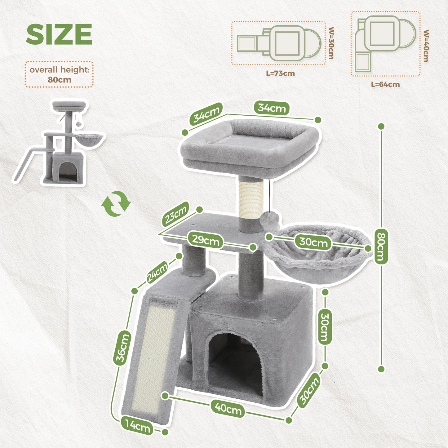 Cat tree and Tower for Indoor with Scratching Posts, Big Hammock, and Removable Top Perch.