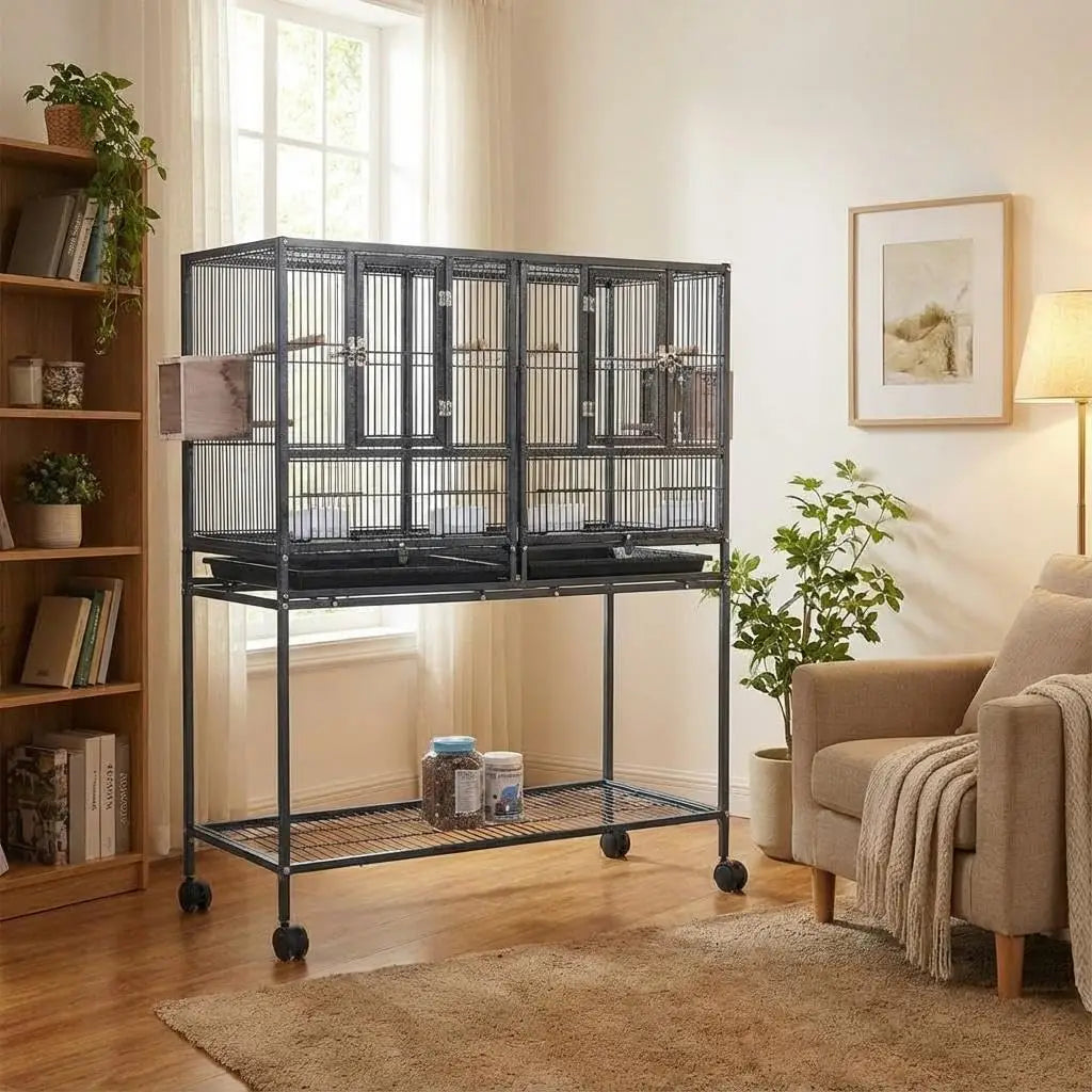 Breeding Flight Bird Cage with Detachable Rolling Stand, Perches, Food Boxes, Slide-Out Tray, and Storage Shelf
