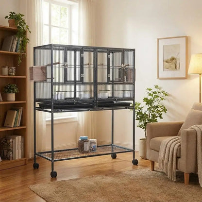 Breeding Flight Bird Cage with Detachable Rolling Stand, Perches, Food Boxes, Slide-Out Tray, and Storage Shelf