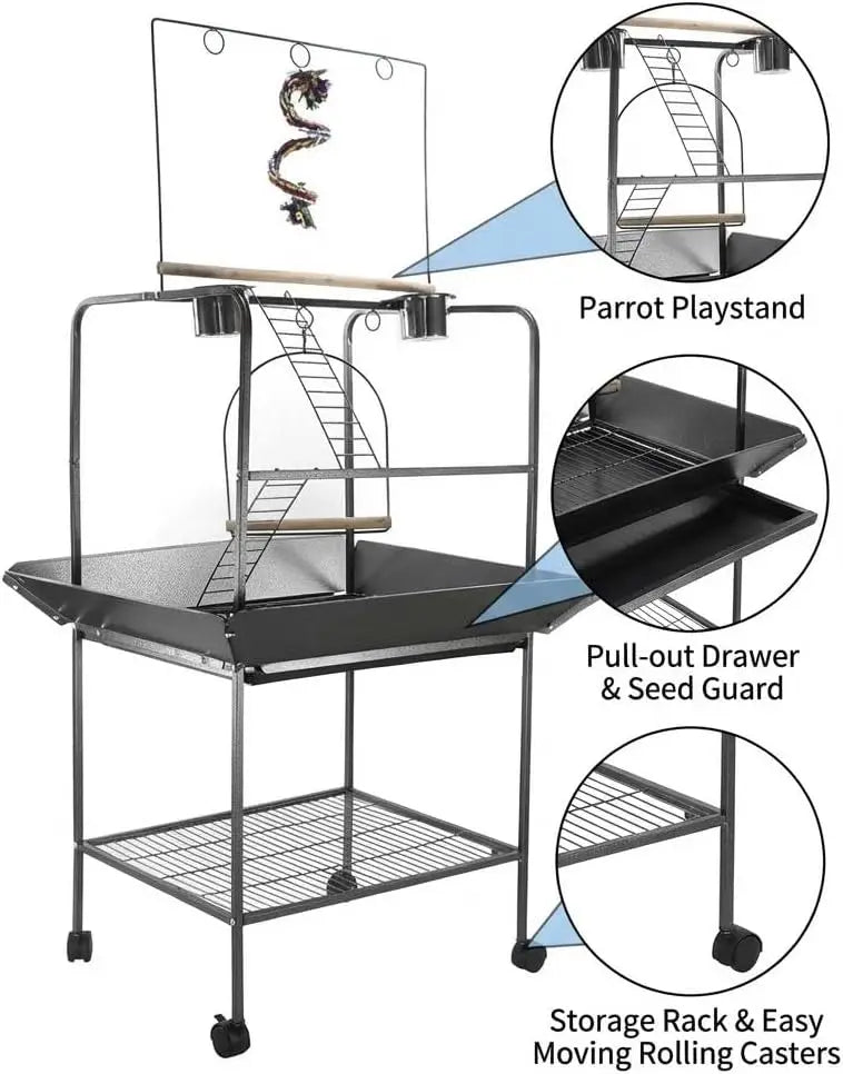 Indoor or Outdoor Birds Playground with Swing, Stand, and Wheels for Parakeets