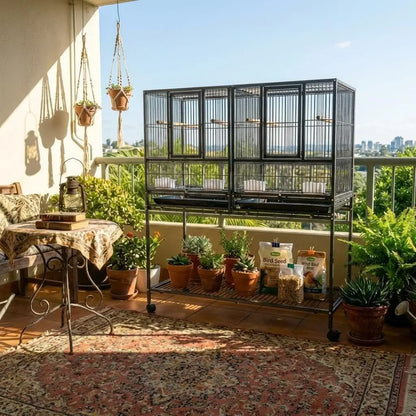 Breeding Flight Bird Cage with Detachable Rolling Stand, Perches, Food Boxes, Slide-Out Tray, and Storage Shelf