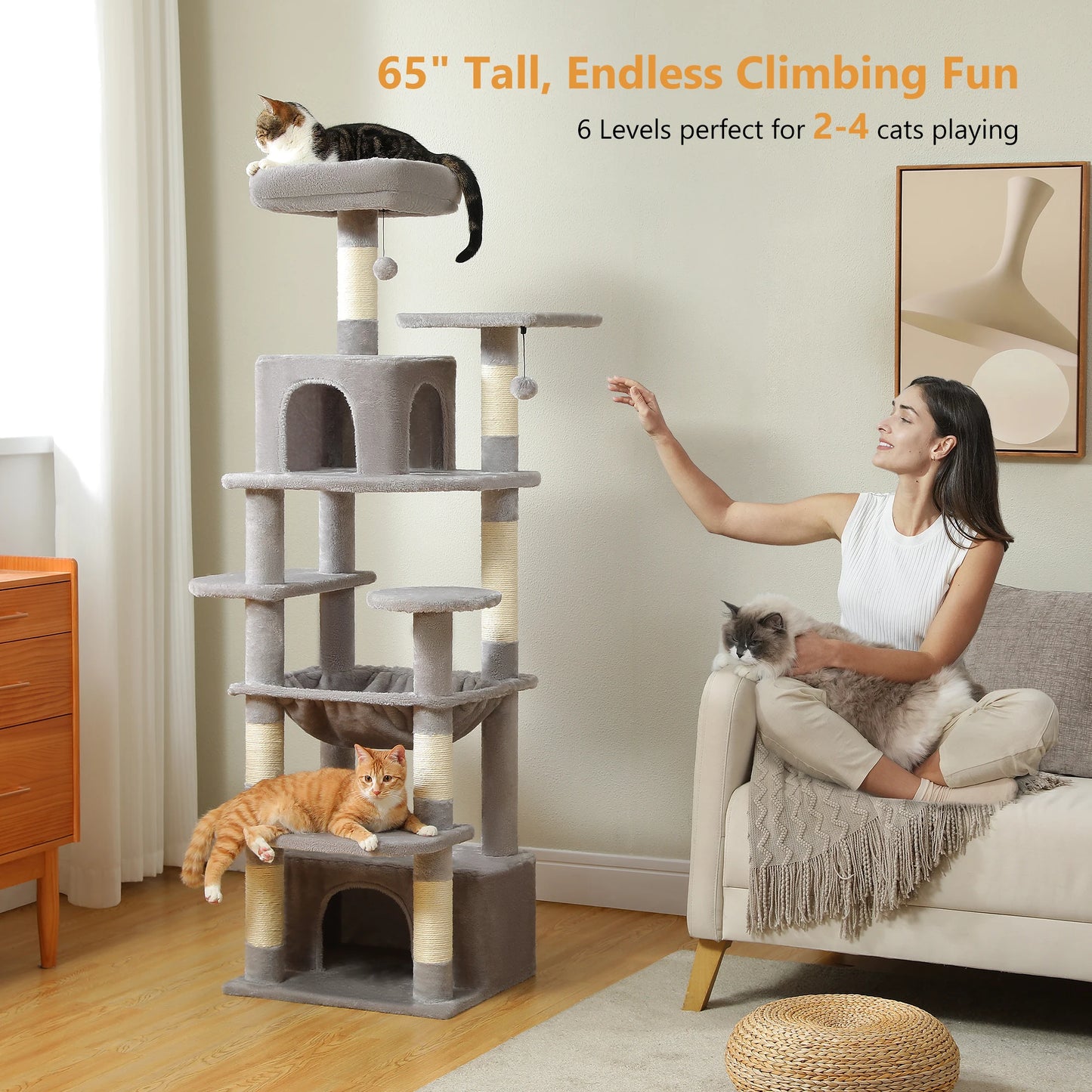 Large Cat Tree and Tower for Indoor Cats With Sisal-Covered Scratching Posts, Spacious Hammock, Padded Perches and Condos Cat Toys