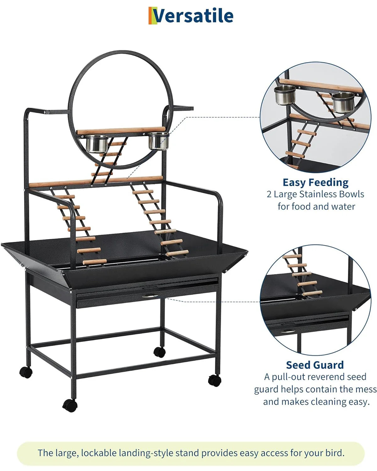 66" Extra Tall Bird Play Stand With Lockable Wheels, Heavy-Duty Metal Activity Center For Parrots , Conures  and Cockatiels