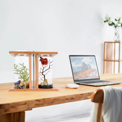 Glass Betta Fish Tank with LED Light, Bamboo Base, Mini Aquarium Set for Desktop Home Office Decoration, 2 Tanks
