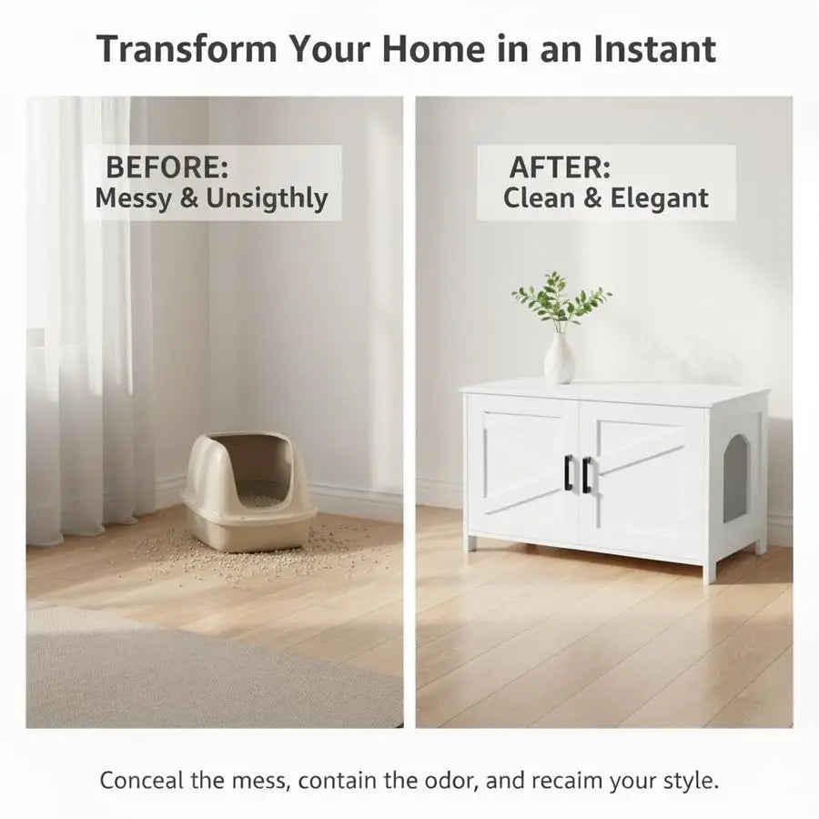 Cat Litter Box Enclosure, Wooden Washroom, Furniture with Barn Door