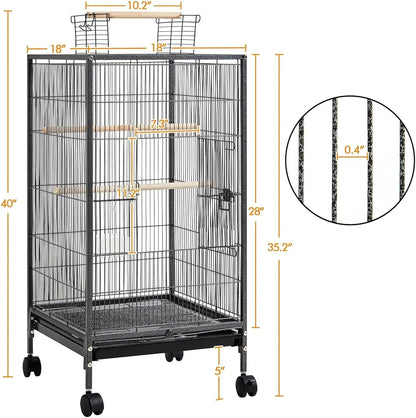 Large Bird Cage, Play Open Top Budgie Cage with Rolling Stand, Slide-Out Tray, Water Bottle Feeder