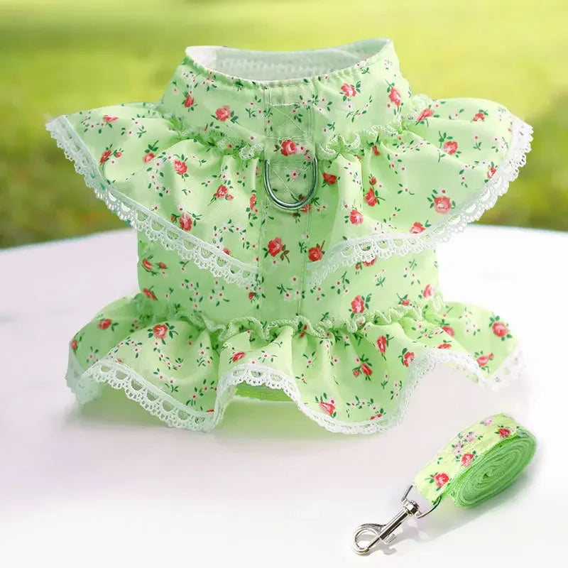 Dog Harness Leash Set,  Adjustable Lace, Floral Printed Pet Harness, Vest, Cute Dog Clothes, Puppy Mesh Harness, Dog Accessories