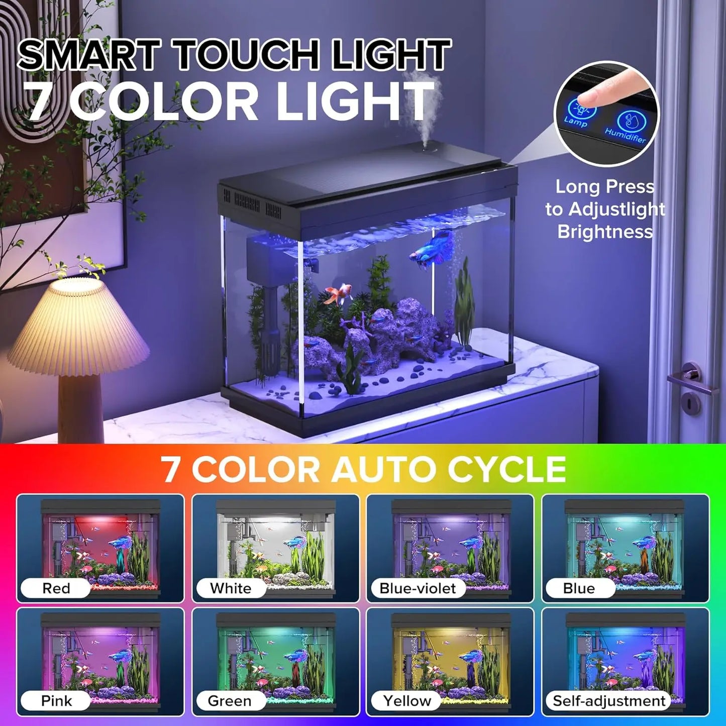 2.4 Gallon Smart Aquarium Kit with Humidifier, LED Lights & Quiet Pump for Home Decor