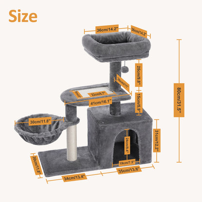 Cat tree and Tower for Indoor with Scratching Posts, Big Hammock, and Removable Top Perch.