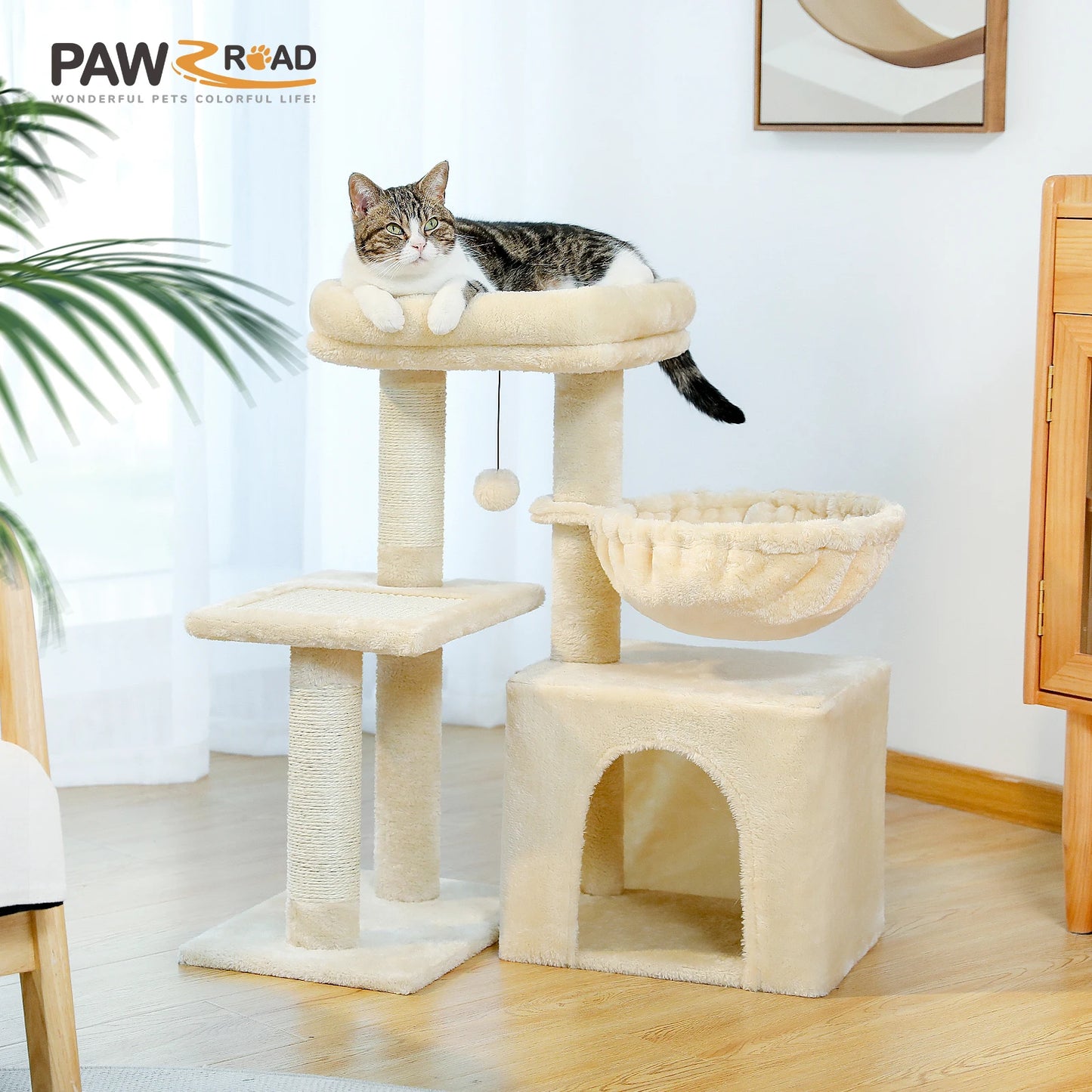 Cat tree and Tower for Indoor with Scratching Posts, Big Hammock, and Removable Top Perch.