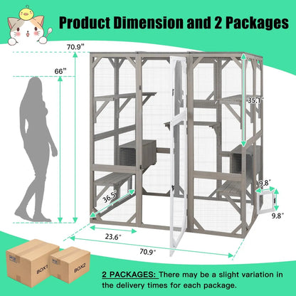 Outdoor Cat Enclosure, Large Wooden Cat House with 5 Platforms for Multiple Cats