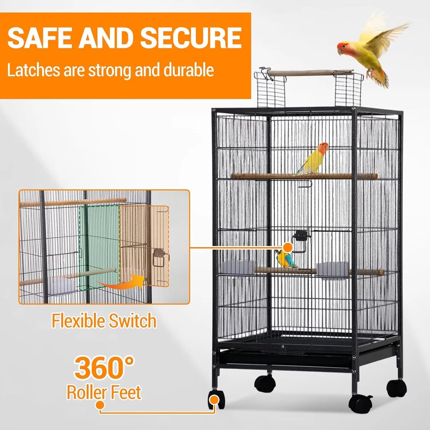 Large Bird Cage, Play Open Top Budgie Cage with Rolling Stand, Slide-Out Tray, Water Bottle Feeder