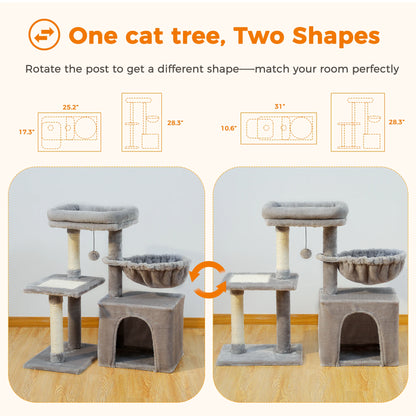 Cat tree and Tower for Indoor with Scratching Posts, Big Hammock, and Removable Top Perch.