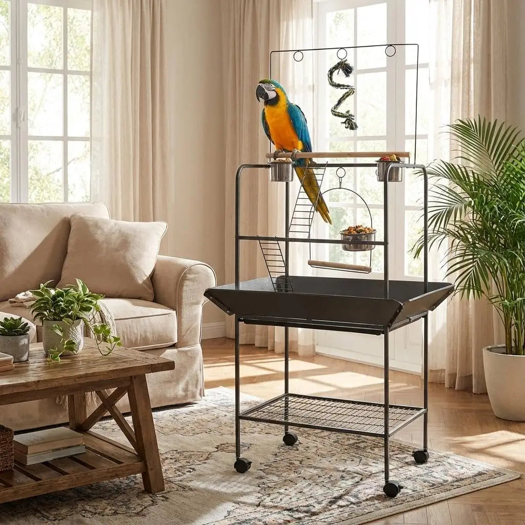 Indoor or Outdoor Birds Playground with Swing, Stand, and Wheels for Parakeets