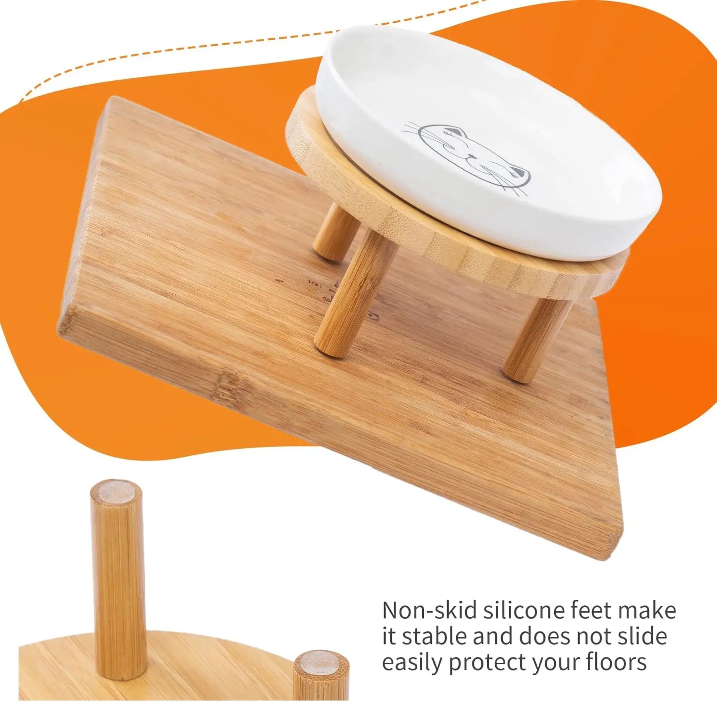 Elevated Ceramic Cat Bowls with Bamboo Stand, Whisker Friendly Pet Feeding, Dishes for Indoor Cats
