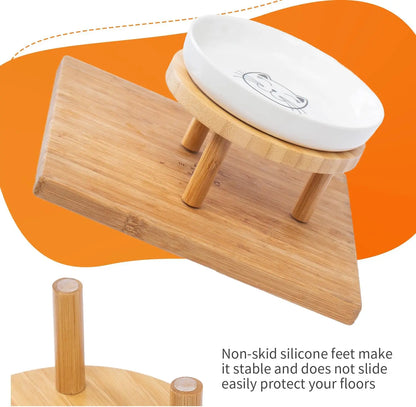 Elevated Ceramic Cat Bowls with Bamboo Stand, Whisker Friendly Pet Feeding, Dishes for Indoor Cats