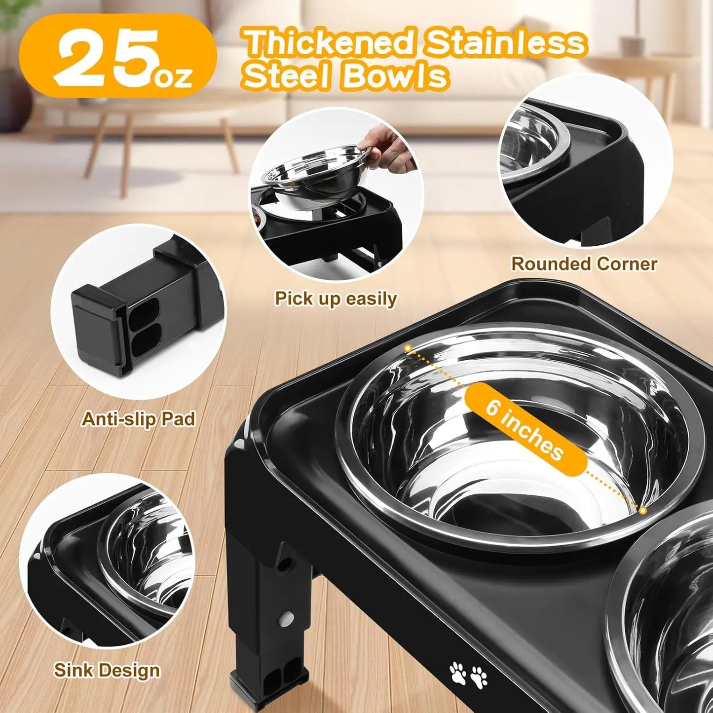 Adjustable Height Elevated Dog Bowls for Small Medium Dogs, 3-Level Stand with 2 Stainless Steel Bowls, Non-Slip Feeder in Black