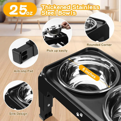 Adjustable Height Elevated Dog Bowls for Small Medium Dogs, 3-Level Stand with 2 Stainless Steel Bowls, Non-Slip Feeder in Black