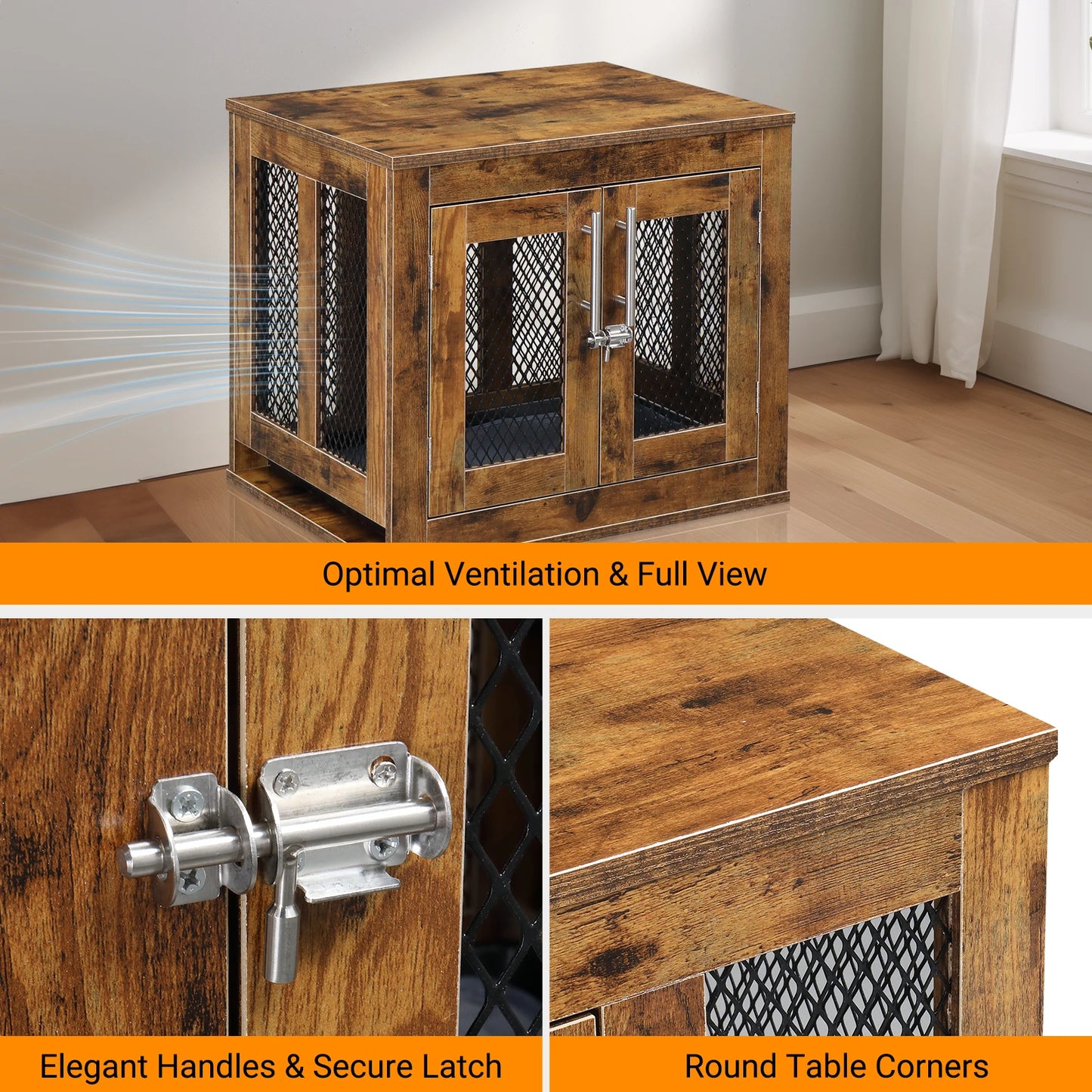 Rustic Brown Dog Crate w/Tray, Modern Puppy Kennel. Doubles as End Table, Nightstand. Decorative & Practical.