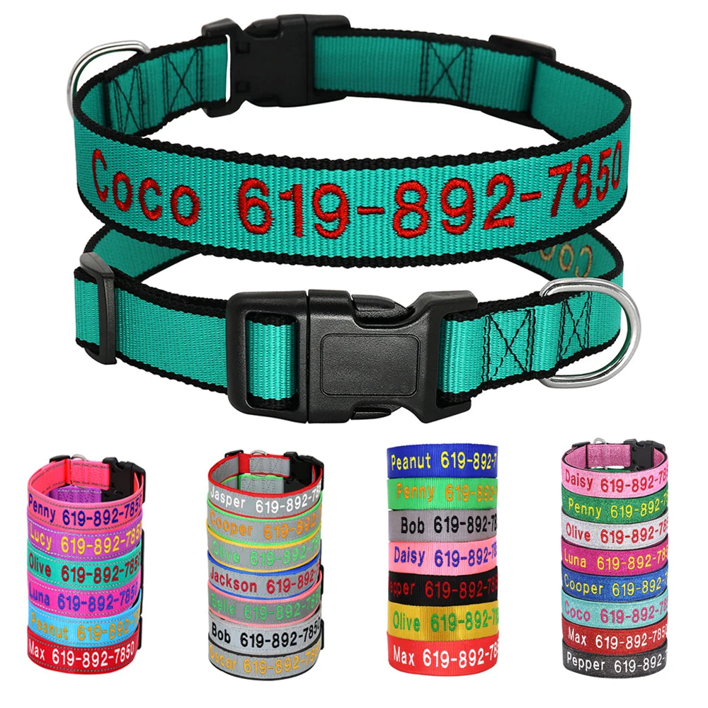 Adjustable Nylon Embroidered Dog Collar, Custom ID Name Accessories Pet Collars For Small, Medium, Large Dogs \