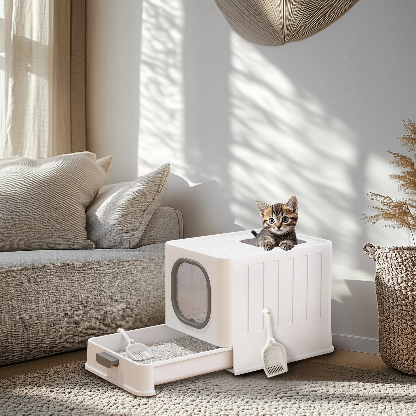 Cat Litter Box with Lid, Enclosed Cat Potty, Top Entry Anti-Splashing,  Easy to Clean with Cat Litter Scoop