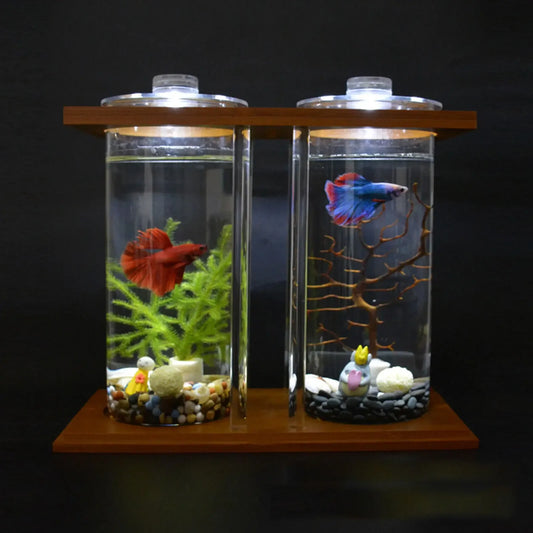 Glass Betta Fish Tank with LED Light, Bamboo Base, Mini Aquarium Set for Desktop Home Office Decoration, 2 Tanks