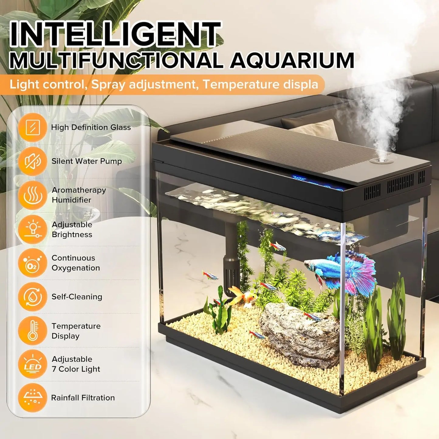 2.4 Gallon Smart Aquarium Kit with Humidifier, LED Lights & Quiet Pump for Home Decor