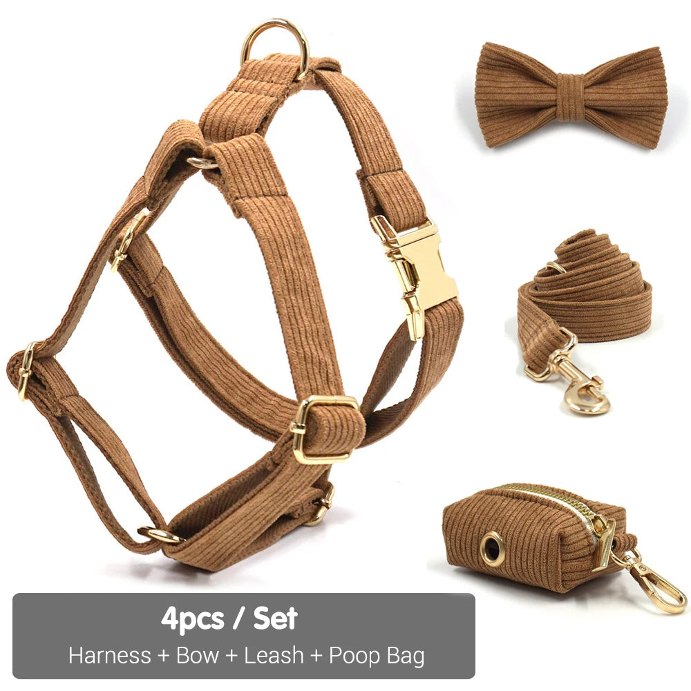 Brown Corduroy Dog Harness and Leash Set Luxury Designer Personalized Collar for Small Large Dogs Walking Lead Set with Poop Bag